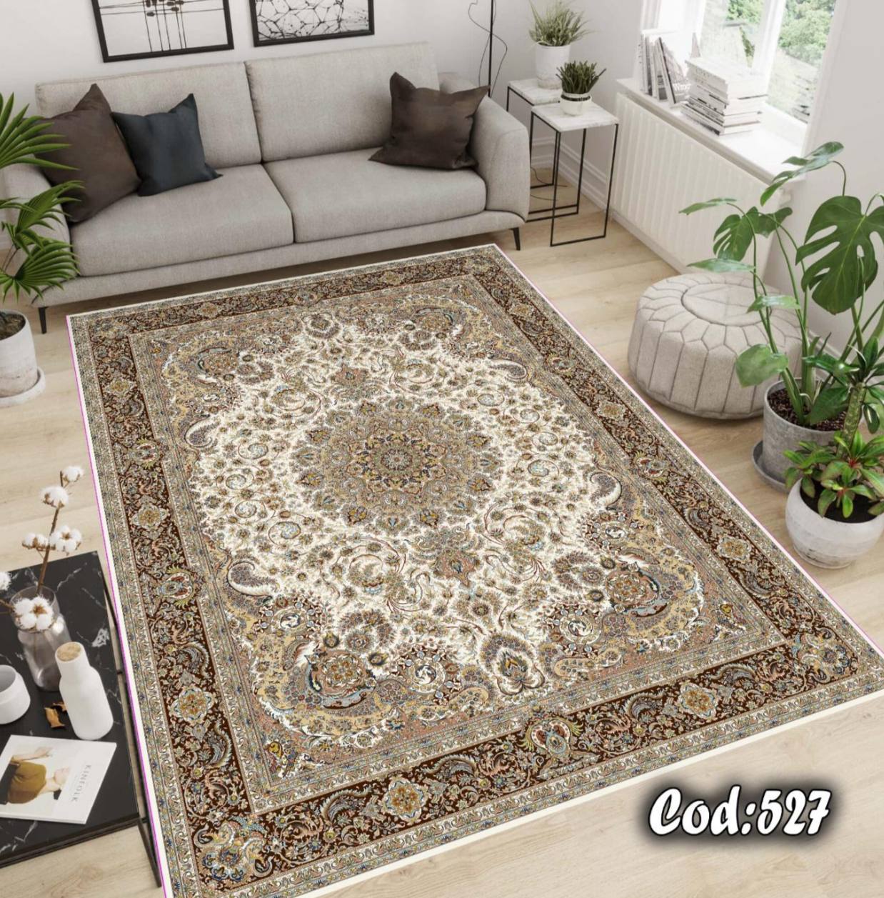 روفرشی کشدار مخمل طرح فرش زمینه کرم
